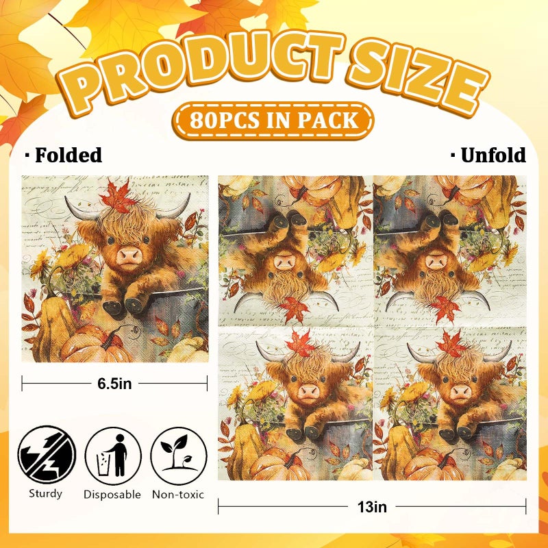 JarThenaAMCS 80 قطعة من المناديل الورقية الخريفية مناديل بقرة المرتفعات اليقطين للاستعمال مرة واحدة، مناديل مائدة الغداء المزخرفة لعيد الشكر لمستلزمات حفلات الزفاف في الخريف - Image 2